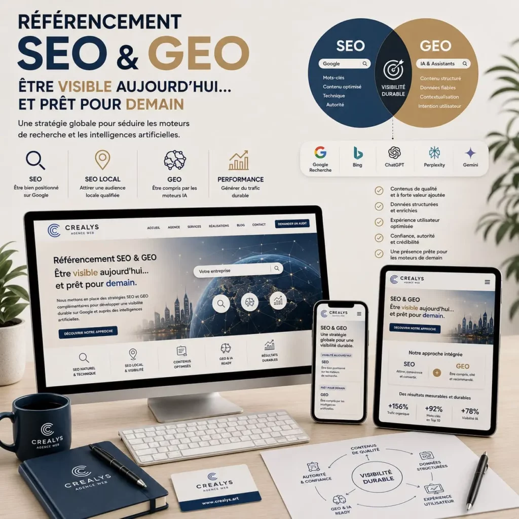 Création site nternet SEO et GEO. Être visible aujourd'hui et prêt pour demain. Crealys Montpellier
