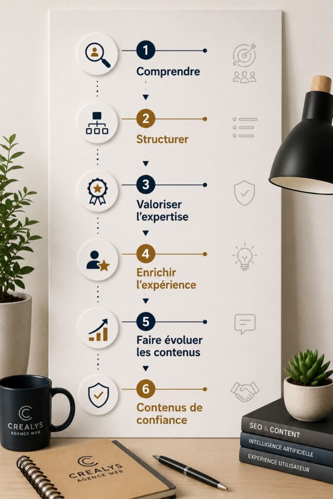Optimisation du contenu des pages web pour IA - La méthode éditoriale Agence Crealys Concept Web