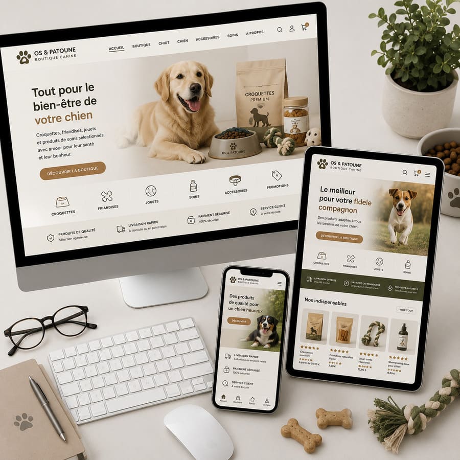 Création d'un boutique ecommerce pour des produits pour chiens croquettes, friandises, jouets, soins