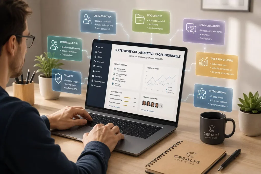 creation plateforme collaboratives professionnelles securite membres et roles partage documents agence Crealys Montpellier