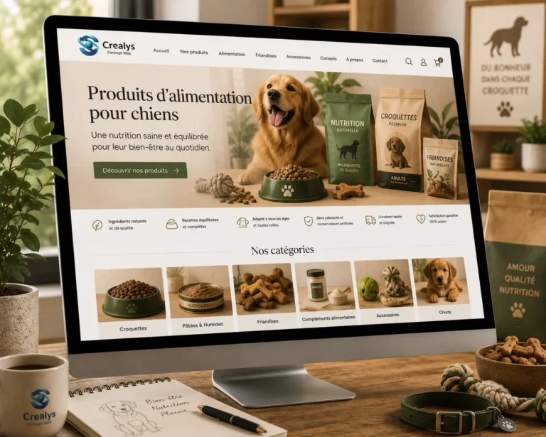Création site boutique e-commerce Produit alimentation pour chiens. Crealys