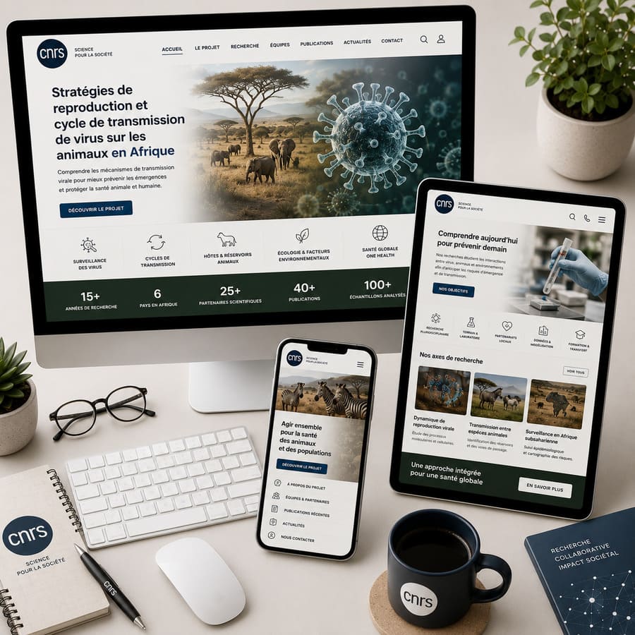 Création d'un site internet vitrine CNRS - Stratégies de reproduction et cycle de transmission de virus sur les animaux en afrique du sud